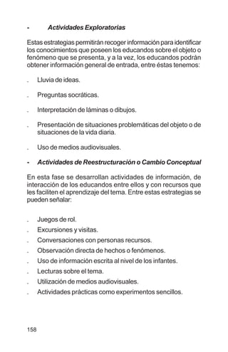 158
- Actividades Exploratorias
Estas estrategias permitirán recoger información para identificar
los conocimientos que poseen los educandos sobre el objeto o
fenómeno que se presenta, y a la vez, los educandos podrán
obtener información general de entrada, entre éstas tenemos:
. Lluvia de ideas.
. Preguntas socráticas.
. Interpretación de láminas o dibujos.
. Presentación de situaciones problemáticas del objeto o de
situaciones de la vida diaria.
. Uso de medios audiovisuales.
- Actividades de Reestructuración o Cambio Conceptual
En esta fase se desarrollan actividades de información, de
interacción de los educandos entre ellos y con recursos que
les faciliten el aprendizaje del tema. Entre estas estrategias se
pueden señalar:
. Juegos de rol.
. Excursiones y visitas.
. Conversaciones con personas recursos.
. Observación directa de hechos o fenómenos.
. Uso de información escrita al nivel de los infantes.
. Lecturas sobre el tema.
. Utilización de medios audiovisuales.
. Actividades prácticas como experimentos sencillos.
 