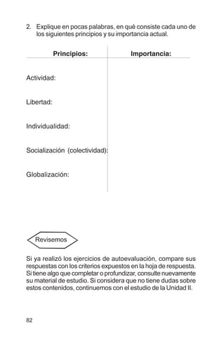 82
2. Explique en pocas palabras, en qué consiste cada uno de
los siguientes principios y su importancia actual.
Principios: Importancia:
Actividad:
Libertad:
Individualidad:
Socialización (colectividad):
Globalización:
Si ya realizó los ejercicios de autoevaluación, compare sus
respuestas con los criterios expuestos en la hoja de respuesta.
Si tiene algo que completar o profundizar, consulte nuevamente
su material de estudio. Si considera que no tiene dudas sobre
estos contenidos, continuemos con el estudio de la Unidad II.
Revisemos
 