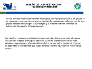 cuasiexperimentales
Los diseños cuasiexperimentales también manipulan deliberadamente, al menos,
una variable indepen diente para observar su efecto y relación con una o más
variables dependientes, sólo que difieren de los experimentos “puros” en el grado
de seguridad o confiabilidad que pueda tenerse sobre la equivalencia inicial de los
grupos
En los diseños cuasiexperimentales los sujetos no se asignan al azar a los grupos ni
se emparejan, sino que dichos grupos ya están formados antes del experimento: son
grupos intactos (la razón por la que surgen y la manera como se formaron es
independiente o aparte del experimento).
DISEÑO DE LA INVESTIGACIÓN
 