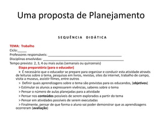 Uma proposta de Planejamento
S E Q U Ê N C I A D I D Á T I C A
TEMA: Trabalho
Ciclo:_____
Professores responsáveis: _________________________________________
Disciplinas envolvidas: _____________________________________________
Tempo previsto: 2, 3, 4 ou mais aulas (semanais ou quinzenais)
Etapa preparatória (para o educador)
> É necessário que o educador se prepare para organizar e conduzir esta atividade através
de leituras sobre o tema, pesquisas em livros, revistas, sites da internet, trabalho de campo,
visita a museus, assistir filmes, entre outros
> Definir quais aprendizagens sobre o tema são previstas para os educandos, (objetivos)
> Estimular os alunos a expressarem vivências, saberes sobre o tema
> Pensar o número de aulas planejadas para a atividade
> Pensar nos conteúdos possíveis de serem explorados a partir do tema
> Pensar em atividades possíveis de serem executadas
> Finalmente, pensar de que forma o aluno vai poder demonstrar que as aprendizagens
ocorreram (avaliação)
 