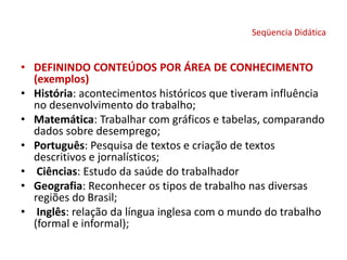 Seqüencia Didática
• DEFININDO CONTEÚDOS POR ÁREA DE CONHECIMENTO
(exemplos)
• História: acontecimentos históricos que tiveram influência
no desenvolvimento do trabalho;
• Matemática: Trabalhar com gráficos e tabelas, comparando
dados sobre desemprego;
• Português: Pesquisa de textos e criação de textos
descritivos e jornalísticos;
• Ciências: Estudo da saúde do trabalhador
• Geografia: Reconhecer os tipos de trabalho nas diversas
regiões do Brasil;
• Inglês: relação da língua inglesa com o mundo do trabalho
(formal e informal);
 