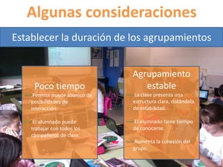 Algunas consideraciones 
Establecer la duración de los agrupamientos 
Poco tiempo 
Permite mayor abanico de 
posibilidades de 
interacción. 
El alumnado puede 
trabajar con todos los 
compañeros de clase. 
Agrupamiento 
estable 
La clase presenta una 
estructura clara, dotándola 
de estabilidad. 
El alumnado tiene tiempo 
de conocerse. 
Aumenta la cohesión del 
grupo. 
 