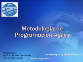 METODOLOGÍA DE
                 PROGRAMACIÓN ÁGILES




Antecedentes:
Rapid Application Development
Metodologías Livianas
 