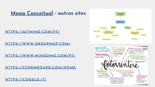 Mapa Conceitual - outros sites
H T T P S : / / G I T M I N D . C O M / P T /
H T T P S : / / W W W . G R O U P M A P . C O M /
H T T P S : / / W W W . M I N D O M O . C O M / P T /
H T T P S : / / S T O R M B O A R D . C O M / H O M E
H T T P S : / / C O G G L E . I T /
 