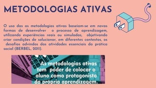 METODOLOGIAS ATIVAS
O uso das as metodologias ativas baseiam-se em novas
formas de desenvolver o processo de aprendizagem,
utilizando experiências reais ou simuladas, objetivando
criar condições de solucionar, em diferentes contextos, os
desafios advindos das atividades essenciais da prática
social (BERBEL, 2011).
 
