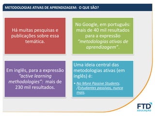 Há muitas pesquisas e
publicações sobre essa
temática.
No Google, em português:
mais de 40 mil resultados
para a expressão
“metodologias ativas de
aprendizagem”.
Em inglês, para a expressão
“active learning
methodologies”: mais de
230 mil resultados.
Uma ideia central das
metodologias ativas (em
inglês) é:
• No More Passive Students.
/Estudantes passivos, nunca
mais.
METODOLOGIAS ATIVAS DE APRENDIZAGEM: O QUE SÃO?
 