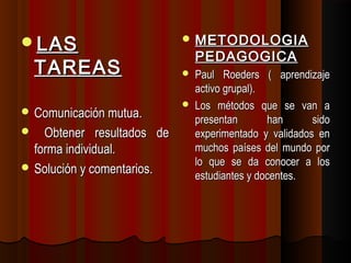 LAS                         METODOLOGIA
                                PEDAGOGICA
    TAREAS                     Paul Roeders ( aprendizaje
                                activo grupal).
                               Los métodos que se van a
 Comunicación mutua.
                                presentan       han      sido
   Obtener resultados de       experimentado y validados en
  forma individual.             muchos países del mundo por
 Solución y comentarios.
                                lo que se da conocer a los
                                estudiantes y docentes.
 