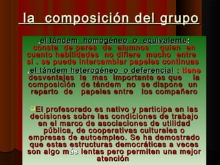 la composición del grupo
   .el tándem homogéneo o equivalente :
   consta de pares de alumnos     quien en
cuanto habilidades no difiere mucho entre
si . se puede intercambiar papeles continuas
. el tándem heterogéneo o deferencial : tiene
desventajas la mas importante es que       la
composición de tándem no se dispone un
  reparto de papeles entre los compañero

El  profesorado es nativo y participa en las
 decisiones sobre las condiciones de trabajo
   en el marco de asociaciones de utilidad
    pública, de cooperativas culturales o
empresas de autoempleo. Se ha demostrado
 que estas estructuras democráticas a veces
son algo m ás lentas pero permiten una mejor
                  atención
 