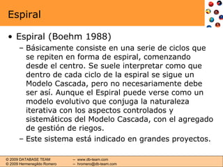 Espiral Espiral (Boehm 1988) Básicamente consiste en una serie de ciclos que se repiten en forma de espiral, comenzando desde el centro. Se suele interpretar como que dentro de cada ciclo de la espiral se sigue un Modelo Cascada, pero no necesariamente debe ser así. Aunque el Espiral puede verse como un modelo evolutivo que conjuga la naturaleza iterativa con los aspectos controlados y sistemáticos del Modelo Cascada, con el agregado de gestión de riegos. Este sistema está indicado en grandes proyectos. 