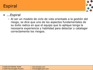 Espiral ...Espiral Al ser un modelo de ciclo de vida orientado a la gestión del riesgo, se dice que uno de los aspectos fundamentales de su éxito radica en que el equipo que lo aplique tenga la necesaria experiencia y habilidad para detectar y catalogar correctamente los riesgos. 