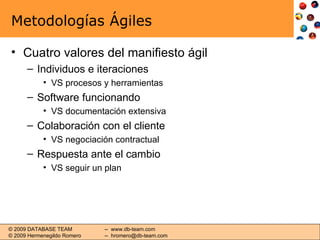 Metodologías Ágiles Cuatro valores del manifiesto ágil Individuos e iteraciones  VS procesos y herramientas Software funcionando VS documentación extensiva Colaboración con el cliente VS negociación contractual Respuesta ante el cambio VS seguir un plan 