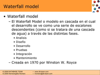 Waterfall model Waterfall model El Waterfall Model o modelo en cascada en el cual el desarrollo se ve como una serie de escalones descendentes (como si se tratara de una cascada de agua) a través de las distintas fases. Analisis Diseño Desarrollo Pruebas Integración Mantenimiento Creada en 1970 por Winston W. Royce 