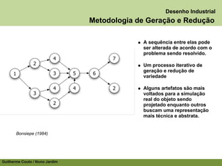 Desenho Industrial
                                Metodologia de Geração e Redução

                                             A sequência entre elas pode
                                             ser alterada de acordo com o
                                             problema sendo resolvido.

                                             Um processo iterativo de
                                             geração e redução de
                                             variedade

                                             Alguns artefatos são mais
                                             voltados para a simulação
                                             real do objeto sendo
                                             projetado enquanto outros
                                             buscam uma representação
                                             mais técnica e abstrata.


       Bonsiepe (1984)




Guilherme Couto / Nuno Jardim
 