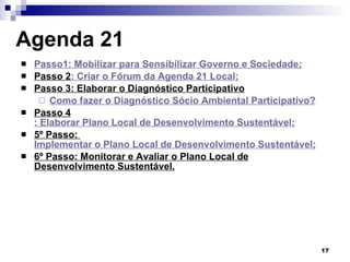 Agenda 21 Passo1: Mobilizar para Sensibilizar Governo e Sociedade; Passo 2 : Criar o Fórum da Agenda 21 Local; Passo 3: Elaborar o Diagnóstico Participativo Como fazer o Diagnóstico Sócio Ambiental Participativo? Passo 4 : Elaborar Plano Local de Desenvolvimento Sustentável; 5º Passo:  Implementar o Plano Local de Desenvolvimento Sustentável; 6º Passo: Monitorar e Avaliar o Plano Local de Desenvolvimento Sustentável. 