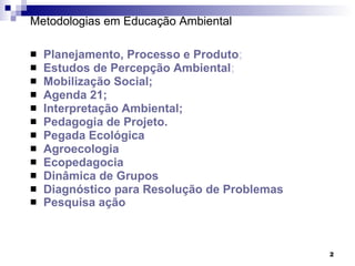 Metodologias em Educação Ambiental Planejamento, Processo e Produto ; Estudos de Percepção Ambiental ; Mobilização Social; Agenda 21; Interpretação Ambiental; Pedagogia de Projeto. Pegada Ecológica  Agroecologia   Ecopedagocia   Dinâmica de Grupos  Diagnóstico para Resolução de Problemas  Pesquisa ação   