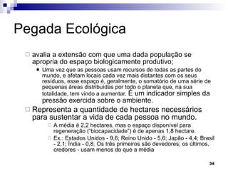 Pegada Ecológica  avalia a extensão com que uma dada população se apropria do espaço biologicamente produtivo; Uma vez que as pessoas usam recursos de todas as partes do mundo, e afetam locais cada vez mais distantes com os seus resíduos, esse espaço é, geralmente, o somatório de uma série de pequenas áreas distribuídas por todo o planeta que, na sua totalidade, tem vindo a aumentar.  É um indicador simples da pressão exercida sobre o ambiente.  Representa a quantidade de hectares necessários para sustentar a vida de cada pessoa no mundo.  A média é 2,2 hectares, mas o espaço disponível para regeneração (“biocapacidade”) é de apenas 1,8 hectare. Ex.: Estados Unidos - 9,6; Reino Unido - 5,6; Japão - 4,4; Brasil - 2,1; Índia - 0,8. Os três primeiros são devedores; os últimos, credores - usam menos do que a média  