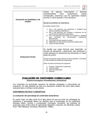 “Metodología de las Secuencias Didácticas” MÓDULO DE CAPACITACIÓN
25
Evaluación de portafolios o de
carpeta.
incluso de algunos instrumentos o técnicas
evaluativas(tales como cuestionarios, mapas
conceptuales, exámenes) que los aprendices realizan
durante un cierto episodio o ciclo educativo.
Ejemplo de portafolios de matemáticas:
El portafolio deberá incluir:
1) Dos o tres ejercicios que evidencien tu habilidad para
resolver problemas matemáticos.
2) Dos o tres ejercicios que muestren la aplicación de los
conocimientos matemáticos aprendidos.
3) Dos o tres ejemplos que pongan de manifiesto tu habilidad
para comunicar los conocimientos matemáticos
efectivamente.
4) Cinco ejercicios del cuaderno de clase.
5) Reflexiones y/o diario sobre los ejercicios reflexionados.
6) Videos de esta actividad.
Evaluación Formal.
Es aquella que exige técnicas para desarrollar un
proceso de planeación y elaboración más sofisticado y
suelen aplicarse en situaciones que demandan un mayor
grado de control.
Este tipo de técnicas suelen utilizarse en forma periódica o al finalizar
un ciclo completo de enseñanza y aprendizaje.
Dentro de estas encontramos las siguientes:
1) Pruebas, cuestionarios o exámenes.
2) Listas de cotejo
3) Guías de observación
4) Rúbricas
EVALUACIÓN DE CONTENIDOS CURRICULARES
(Fáctico-Conceptual, Procedimental y Actitudinal)
Los contenidos de aprendizaje requieren de distintas estrategias e instrumentos de
evaluación. En este apartado se hará una descripción sintética del cómo éstos deben
evaluarse bajo un enfoque constructivista.
CONTENIDOS FÁCTICO Y CONCEPTUAL
La evaluación del aprendizaje de contenidos declarativos:
En primer lugar, se debe partir de la idea básica de que así como las estrategias de
enseñanza y aprendizaje deben ser distintas para el aprendizaje de los contenidos
factuales (datos, hechos) y conceptuales (conceptos, principios), las prácticas de
evaluación para ambos tipos de aprendizaje declarativo requieren ser diferentes (véase
Pozo, 1992; Blásquez, González y Montanero, 1998b).
 