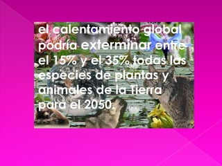 el calentamiento global podría exterminar entre el 15% y el 35% todas las especiesde plantas y animales de la Tierra para el 2050.