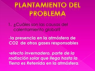 Plantamiento del problema¿Cuáles son las causas del calentamiento global?la presencia en la atmósfera de CO2  de otros gases responsables
