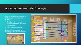 Acompanhamento da Execução
Para acompanhar o andamento
do Sprint, recomenda-se 2
gráficos:
• Hour burn down chart
(acompanhamento das horas
executadas)
• Tasks burn down chart
E também recomenda-se a
construção de um Scrum Board
 