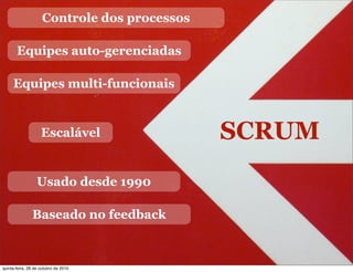 SCRUM
Controle dos processos
Baseado no feedback
Equipes multi-funcionais
Equipes auto-gerenciadas
Escalável
Usado desde 1990
quinta-feira, 28 de outubro de 2010
 
