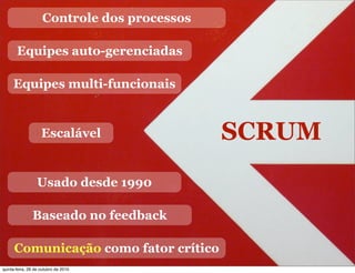SCRUM
Controle dos processos
Baseado no feedback
Equipes multi-funcionais
Equipes auto-gerenciadas
Escalável
Usado desde 1990
Comunicação como fator crítico
quinta-feira, 28 de outubro de 2010
 