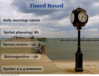 Timed Boxed
Retrospective: ~3h
daily meeting: 15min
Sprint planning: 8h
Sprint review: ~4h
Sprint: 2 a 4 semanas
quinta-feira, 28 de outubro de 2010
 