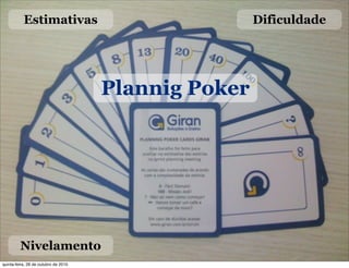 Plannig Poker
Estimativas Dificuldade
Nivelamento
quinta-feira, 28 de outubro de 2010
 