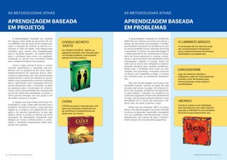 6 Metodologias Ativas e Jogos de Mesa Metodologias Ativas e Jogos de Mesa 7
AS METODOLOGIAS ATIVAS
SALA DE AULA INVERTIDA APRENDIZAGEM BASEADA
EM PROBLEMAS
AS METODOLOGIAS ATIVAS
A aprendizagem baseada em projetos
em alguns casos pode se aproximar da cul-
tura MAKER, pois de certa forma ambas pos-
suem a intenção de motivar os alunos a co-
locarem a “mão na massa” para desenvolver
soluções; aqui, vemos uma ressignificação
para o “aprenda fazendo”. Da mesma forma,
aqui, o professor atua como um mediador,
auxiliando os alunos nos momentos-chaves
para o desenvolvimento dos projetos.
Como a ideia central é tornar o conhe-
cimento significativo, a resolução dos pro-
blemas com os projetos vai ter como meta o
desenvolvimento em aspectos físicos, emo-
cionais e intelectuais, por meio de processos
experimentais, a partir do trabalho em grupo,
tendo como característica central o processo
ativo e permitindo uma integração entre di-
versas disciplinas. Aqui, o processo vai além
da pesquisa para a construção do conheci-
mento, pois é uma atividade que necessita de
escuta por parte dos estudantes, portanto, o
aluno precisa interagir com seu grupo a fim
de melhor construir o projeto.
A relação que aqui é feita entre esta me-
todologia e o jogo, passa pela escolha que o
professor vai fazer ao propor o jogo que será
jogado ou o projeto a ser desenvolvido. Esta
ação é de grande importância, já que eles
devem cativar e auxiliar os alunos nos novos
processos de descoberta, ampliando seus
desejos por novos conhecimentos, e conec-
tando o conteúdo programático da(s) disci-
plina(s) em questão.
APRENDIZAGEM BASEADA
EM PROJETOS
AS METODOLOGIAS ATIVAS
A aprendizagem baseada em problemas
(ABP) tem por objetivo provocar nos alunos o
desejo de solucionar uma questão. O profes-
sor/mediador apresenta um problema em que
os alunos poderão buscar soluções de forma
cooperativa. O intuito com essa abordagem é
o desenvolvimento do conhecimento neces-
sário de forma autônoma e criativa; incenti-
vando o aprimoramento de habilidades como
investigação, reflexão e criação, tendo em
vista que os alunos são instigados a explorar
variadas soluções para variados problemas.
Neste caso, o professor atua como um esti-
mulador dos processos, buscando provocar
os alunos, com sugestões e ideias, e a busca
por soluções para os problemas apresenta-
dos.
Este tipo de abordagem se encaixa com
facilidade quando usamos os jogos em sala
de aula, pois temos, ao jogar, um conjunto in-
finito de situações problemas acontecendo.
A cada rodada, o tabuleiro se modifica e as
ações dos jogadores influenciam diretamente
no jogo, que precisam sempre elaborar novas
estratégias com o intuito de conquistar o ob-
jetivo, que, em geral, é ganhar o jogo.
Neste tipo de interação, ABP e os jogos,
temos uma aprendizagem que está centrada
no aluno, no aprender a aprender, interagindo
com os conteúdos interdisciplinares e trans-
disciplinares, sem deixar de lado o conheci-
mento básico de uma disciplina específica.
O LABIRINTO MÁGICO
A construção de um labirinto pode
ser uma ferramenta interessante
para o desenvolvimento de diversas
habilidades e competências.
CARCASSONNE
Jogo de mecânica simples e
inteligente, pode ser tranquilamente
utilizado como ferramenta para
novas propostas, novas regras e
possibilidades.
UBONGO
Construir coisas é uma habilidade
que necessita de uma visão espacial
apurada, e UBONGO é uma excelente
ferramenta para desenvolver isso.
CATAN
CATAN traz para a mesa de jogo uma
gama de situações problemas que
se modificam constantemente ao
desenrolar do mesmo.
CÓDIGO SECRETO
-DUETO
Em CÓDIGO SECRETO - DUETO, os
jogadores precisam criar soluções para
um simples problema, comunicando
apenas uma única palavra.
 