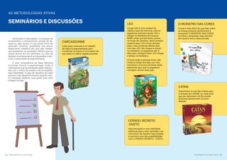14 Metodologias Ativas e Jogos de Mesa
AS METODOLOGIAS ATIVAS
SALA DE AULA INVERTIDA
Metodologias Ativas e Jogos de Mesa 15
AS METODOLOGIAS ATIVAS
SEMINÁRIOS E DISCUSSÕES
CARCASSONNE
Cada peça colocada é um desafio
de lógica e argumentação para
convencer os outros e a si mesmo de
que essa é a melhor jogada possível.
O MONSTRO DAS CORES
O que é mais difícil do que falar sobre
os nossos próprios sentimentos e
emoções? O MONSTRO DAS CORES
nos leva a ultrapassar essa barreira
de maneira leve e descontraída.
LEO
O jogo LEO é uma variável do
clássico jogo da memória, nele os
jogadores precisam ajudar LEO a
chegar na barbearia do macaco
BOBO antes que ela feche, porém,
ao longo do caminho, vários animais
querem parar LEO e ficar de bate-
papo, mas conversar demais fará
com que LEO não chegue a tempo
na barbearia; os jogadores têm 5
dias para conseguir fazer LEO chegar
a tempo na barbearia.
O local onde os animais ficam não
muda ao longo dos dias, por isso,
memória e uma boa conversa serão
essenciais para que os jogadores
consigam vencer esse jogo.
Seminários e discussões, o processo de
compartilhar o conhecimento através de de-
bates ou pelo ensino, é uma ótima forma de
aprender; portanto, possibilitar aos alunos
desenvolver trabalhos em que eles tenham
que apresentar os resultados obtidos para os
outros alunos em um seminário ou roda de
debates é extremamente enriquecedor e esti-
mula a capacidade de argumentação.
É uma competência da Base Nacional
Curricular Comum, a argumentação. Então, é
interessante que as atividades sejam elabora-
das com o intuito de ampliar e de se trabalhar
essa habilidade. O jogo de tabuleiro de mesa
permite o seu desenvolvimento quando o alu-
no necessita justificar suas ações para seus
colegas de jogo.
CATAN
Argumentar é uma das chaves para
o sucesso em CATAN, ou você acha
que seu adversário irá lhe vender
produtos baratos sem um bom
debate?
CÓDIGO SECRETO
-DUETO
Argumentação é uma habilidade
essencial para a vida, aprender a se
comunicar da maneira mais simples
e sucinta é uma das possibilidades
com o CÓDIGO SECRETO – DUETO.
 