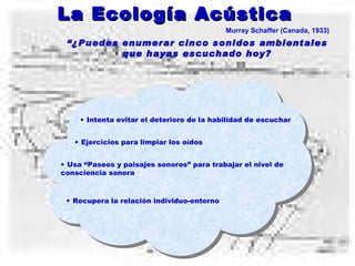 La Ecología Acústica Murray Schaffer (Canada, 1933) “ ¿Puedes enumerar cinco sonidos ambientales que hayas escuchado hoy? Intenta evitar el deterioro de la habilidad de escuchar Ejercicios para limpiar los oídos Usa “Paseos y paisajes sonoros” para trabajar el nivel de consciencia sonora Recupera la relación individuo-entorno 