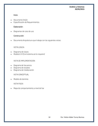 Análisis y Sistemas
20/05/2015
14 Por: Yeltsin Aldair Torres Recinos
Inicio:
 Documento Visión
 Especificación de Requer...
