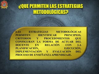 ¿QUE PERMITEN LAS ESTRATEGIAS
METODOLÓGICAS?
LAS ESTRATEGIAS METODOLÓGICAS
PERMITEN IDENTIFICAR PRINCIPIOS,
CRITERIOS Y PROCEDIMIENTOS QUE
CONFIGURAN LA FORMA DE ACTUAR DEL
DOCENTE EN RELACIÓN CON LA
PLANIFICACIÓN, EJECUCIÓN,
IMPLEMENTACIÓN Y EVALUACIÓN DEL
PROCESO DE ENSEÑANZAAPRENDIZAJE.
 