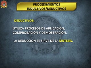 DEDUCTIVOS:
PROCEDIMIENTOS
INDUCTIVOS/DEDUCTIVOS
UTILIZA PROCESOS DE APLICACIÓN,
COMPROBACIÓN Y DEMOSTRACIÓN.
LA DEDUCCIÓN SE SIRVE DE LA SINTESIS.
 