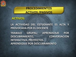 ACTIVOS:
PROCEDIMIENTOS
ACTIVOS /PASIVOS
LA ACTIVIDAD DEL ESTUDIANTE ES ALTA Y
PROVOCADA POR EL DOCENTE
TRABAJO GRUPAL, APRENDIZAJE POR
DESCUBRIMIENTO, CONVERSACIÓN
INTERACTIVA, PROYECTOS.
APRENDIZAJE POR DESCUBRIMIENTO
 
