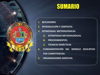 SUMARIO
1. REFLEXIONES
2. INTRODUCCIÓN Y CONTEXTO.
3. ESTRATEGIAS METODOLÓGICAS.
a) ESTRATEGIAS METODOLÓGICAS.
b) PROCEDIMIENTOS.
c) TECNICAS DIDÁCTICAS
4. FUNDAMENTACIÓN DEL MODELO EDUCATIVO
POR COMPETENCIAS.
5. ORGANIZADORES GRÁFICOS.
 