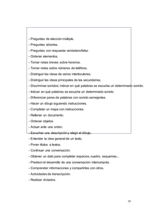 10
- Preguntas de elección múltiple.
- Preguntas abiertas.
- Preguntas con respuesta verdadero/falso
- Ordenar elementos.
- Tomar notas breves sobre horarios.
- Tomar notas sobre números de teléfono.
- Distinguir las ideas de varios interlocutores.
- Distinguir las ideas principales de las secundarias.
- Discriminar sonidos: indicar en qué palabras se escucha un determinado sonido.
- Indicar en qué palabras se escucha un determinado sonido
- Diferenciar pares de palabras con sonido semejantes.
- Hacer un dibujo siguiendo instrucciones.
- Completar un mapa con instrucciones.
- Rellenar un documento.
- Ordenar objetos
- Actuar ante una orden.
- Escuchar una descripcióny elegir el dibujo.
- Entender la idea general de un texto.
- Poner títulos a textos.
- Continuar una conversación.
- Obtener un dato para completar espacios, cuadro, esquemas...
- Predecir el desarrollo de una conversación interrumpida.
- Comprender informaciones y compartirlas con otros.
- Actividades de transcripción.
- Realizar dictados.
 