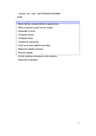 11
- Escribir una carta o
postal.
ACTIVIDADES ESCRIBIR
- Narrar hechos, acontecimientos y experiencias.
- Narrar o describir a partir de una imagen.
- Desarrollar un tema.
- Completar huecos.
- Completar frases.
- Transformar estructuras.
- Poner en un texto palabras que faltan.
- Relacionar mitades de frases.
- Elección múltiple.
- Escribir palabras derivadas de otras palabras.
- Relacionar vocabulario.
 