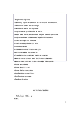 12
- Reproducir copiando.
- Ordenar y copiar las palabras de una oración desordenada.
- Ordenar las partes de un diálogo.
- Ordenar las frases de un párrafo.
- Copiar el texto que describe un dibujo.
- Elegir entre varias posibilidades, elegir la correcta y copiarla.
- Copiar omitiendo los elementos repetidos o erróneos.
- Sustituir dibujos por palabras.
- Sustituir unas palabras por otras.
- Completar textos.
- Transformar narraciones o diálogos.
- Escribir anuncios de periódicos
- Transformar informaciones dadas en un texto.
- Inventar narraciones a partir de dibujos o fotografías.
- Inventar descripciones a partir de dibujos o fotografías.
- Crear narraciones.
- Crear descripciones.
- Crear diarios personales.
- Confeccionar un periódico.
- Confeccionar un mural.
- Realizar dictados.
- Relacionar títulos y
textos.
ACTIVIDADES LEER
 