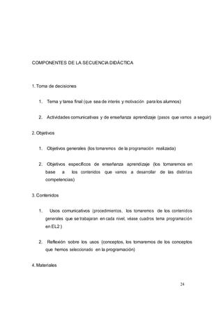 24
COMPONENTES DE LA SECUENCIA DIDÁCTICA
1. Toma de decisiones
1. Tema y tarea final (que sea de interés y motivación para los alumnos)
2. Actividades comunicativas y de enseñanza aprendizaje (pasos que vamos a seguir)
2. Objetivos
1. Objetivos generales (los tomaremos de la programación realizada)
2. Objetivos específicos de enseñanza aprendizaje (los tomaremos en
base a los contenidos que vamos a desarrollar de las distintas
competencias)
3. Contenidos
1. Usos comunicativos (procedimientos, los tomaremos de los contenidos
generales que se trabajaran en cada nivel, véase cuadros tema programación
en EL2 )
2. Reflexión sobre los usos (conceptos, los tomaremos de los conceptos
que hemos seleccionado en la programación)
4. Materiales
 