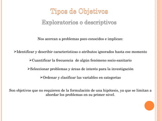Nos acercan a problemas poco conocidos e implican: Identificar y describir características o atributos ignorados hasta ese momento Cuantificar la frecuencia  de algún fenómeno socio-sanitario Seleccionar problemas y áreas de interés para la investigación Ordenar y clasificar las variables en categorías Son objetivos que no requieren de la formulación de una hipótesis, ya que se limitan a abordar los problemas en su primer nivel. 