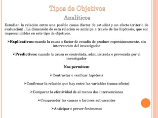 Estudian la relación entre una posible causa (factor de estudio) y un efecto (criterio de evaluación) . La dimensión de esta relación se anticipa a través de las hipótesis, que son imprescindibles en este tipo de objetivos.  Explicativos:  cuando la causa o factor de estudio de produce espontáneamente, sin intervención del investigador Predictivos:  cuando la causa es controlada, administrada o provocada por el investigador Nos permiten: Contrastar o verificar hipótesis Confirmar la relación que hay entre las variables (causa-efecto) Comparar la efectividad de al menos dos intervenciones Comprender las causas o factores subyacentes Anticipar o prever fenómenos 