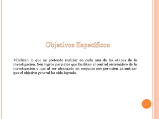 Indican lo que se pretende realizar en cada una de las etapas de la investigación. Son logros parciales que facilitan el control sistemático de la investigación y que al ser alcanzado en conjunto nos permiten garantizar que el objetivo general ha sido logrado. 