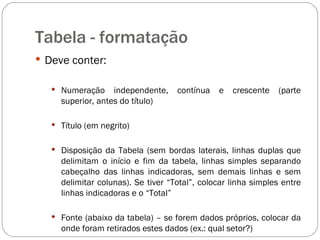 Tabela - formatação Deve conter: Numeração independente, contínua e crescente (parte superior, antes do título) Título (em negrito) Disposição da Tabela (sem bordas laterais, linhas duplas que delimitam o início e fim da tabela, linhas simples separando cabeçalho das linhas indicadoras, sem demais linhas e sem delimitar colunas). Se tiver “Total”, colocar linha simples entre linhas indicadoras e o “Total” Fonte (abaixo da tabela) – se forem dados próprios, colocar da onde foram retirados estes dados (ex.: qual setor?) 