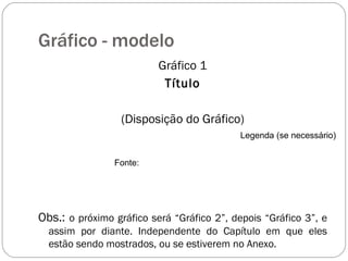 Gráfico - modelo Gráfico 1 Título (Disposição do Gráfico) Obs.:  o próximo gráfico será “Gráfico 2”, depois “Gráfico 3”, e assim por diante. Independente do Capítulo em que eles estão sendo mostrados, ou se estiverem no Anexo. Fonte: Legenda (se necessário) 
