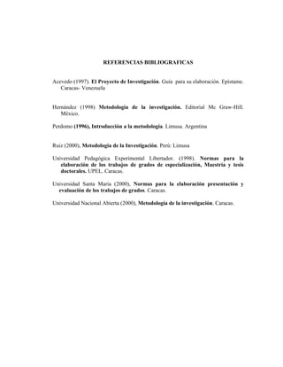 REFERENCIAS BIBLIOGRAFICAS


Acevedo (1997). El Proyecto de Investigación. Guía para su elaboración. Epístame.
   Caracas- Venezuela


Hernández (1998) Metodología de la investigación. Editorial Mc Graw-Hill.
   México.

Perdomo (1996), Introducción a la metodología. Limusa. Argentina


Ruiz (2000), Metodología de la Investigación. Perú: Limusa

Universidad Pedagógica Experimental Libertador. (1998). Normas para la
   elaboración de los trabajos de grados de especialización, Maestría y tesis
   doctorales. UPEL. Caracas.

Universidad Santa Maria (2000), Normas para la elaboración presentación y
  evaluación de los trabajos de grados. Caracas.

Universidad Nacional Abierta (2000), Metodología de la investigación. Caracas.
 