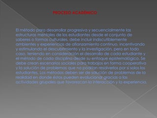 PROCESO ACADÉMICO



El método para desarrollar progresiva y secuencialmente las
estructuras mentales de los estudiantes desde el conjunto de
saberes o formas culturales, debe incluir indiscutiblemente
ambientes y experiencias de afianzamiento continuo, incentivando
y estimulando el descubrimiento y la investigación, pero en todo
caso, teniendo en consideración el desarrollo de cada estudiante y
el método de cada disciplina desde su enfoque epistemológico. Se
debe crean escenarios sociales para trabajos en forma cooperativa
y la solución de problemas que no podrían resolverlos por sí solos los
estudiantes. Los métodos deben ser de solución de problemas de la
realidad en donde éstos pueden evolucionar gracias a las
actividades grupales que favorezcan la interacción y la experiencia.
 