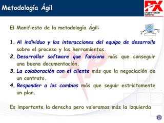 Metodología Ágil
El Manifiesto de la metodología Ágil:
1. Al individuo y las interacciones del equipo de desarrollo
sobre el proceso y las herramientas.
2. Desarrollar software que funciona más que conseguir
una buena documentación.
3. La colaboración con el cliente más que la negociación de
un contrato.
4. Responder a los cambios más que seguir estrictamente
un plan.
Es importante la derecha pero valoramos más la izquierda
 