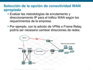 © 2006 Cisco Systems, Inc. Todos los derechos reservados. Información pública de Cisco 17
Selección de la opción de conectividad WAN
apropiada
 Evalúar las metodologías de enrutamiento y
direccionamiento IP para el tráfico WAN según los
requerimientos de la empresa.
 Por ejemplo, con la adición de VPNs o Frame Relay,
podría ser necesario cambiar direcciones de redes.
 
