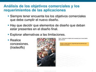© 2006 Cisco Systems, Inc. Todos los derechos reservados. Información pública de Cisco 3
Análisis de los objetivos comerciales y los
requerimientos de las aplicaciones
 Siempre tener encuenta los los objetivos comerciales
que debe cumplir el nuevo diseño.
 Hay que decidir que elementos de diseño que deban
estar presentes en el diseño final.
 Explorar alternativas a las limitaciones.
 Realice
concesiones.
(tradeoffs)
 